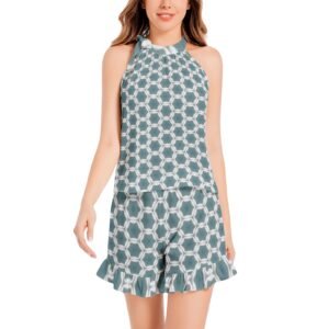 Pale Blue Geometric Tie Neck Halter Top and Ruffle Hem Short Set
