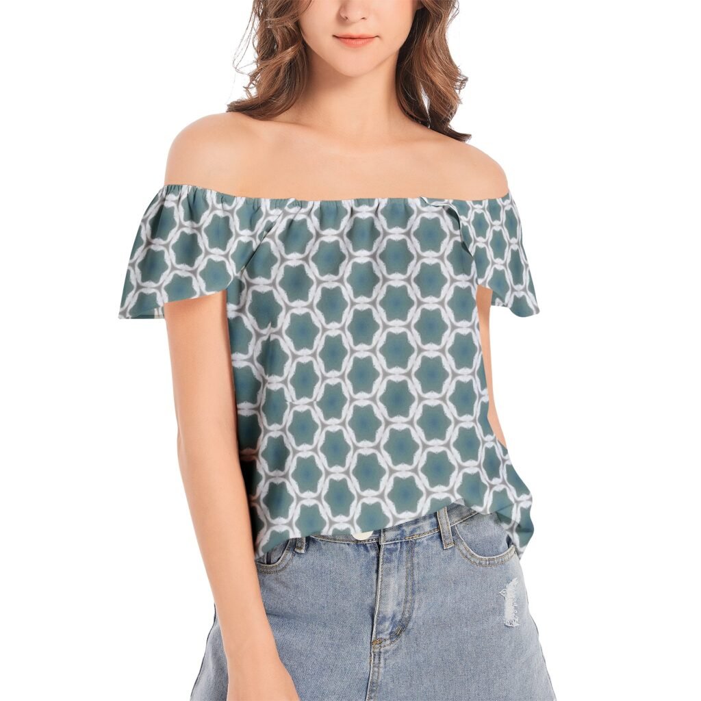 Blue Geometric Designed Women's Off Shoulder Top