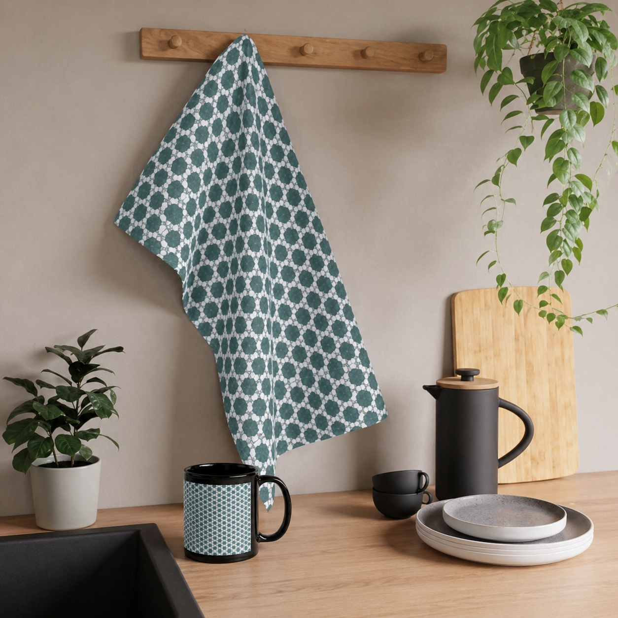 Pale Blue Geometric Pattern Black Glossy Mug - Image 2