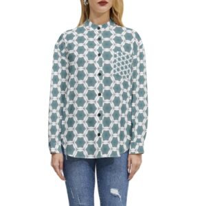 Pale Blue Geometric Long Sleeve Button Up Casual Shirt Top