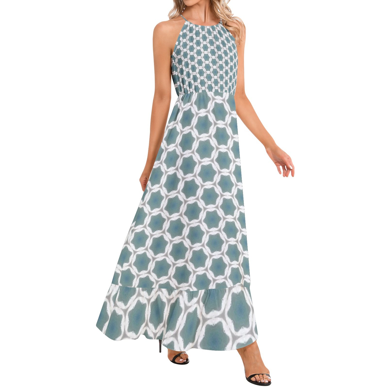 Pale Blue Geometric Pattern Ruffle Hem Halter Neck Maxi Dress - Image 3
