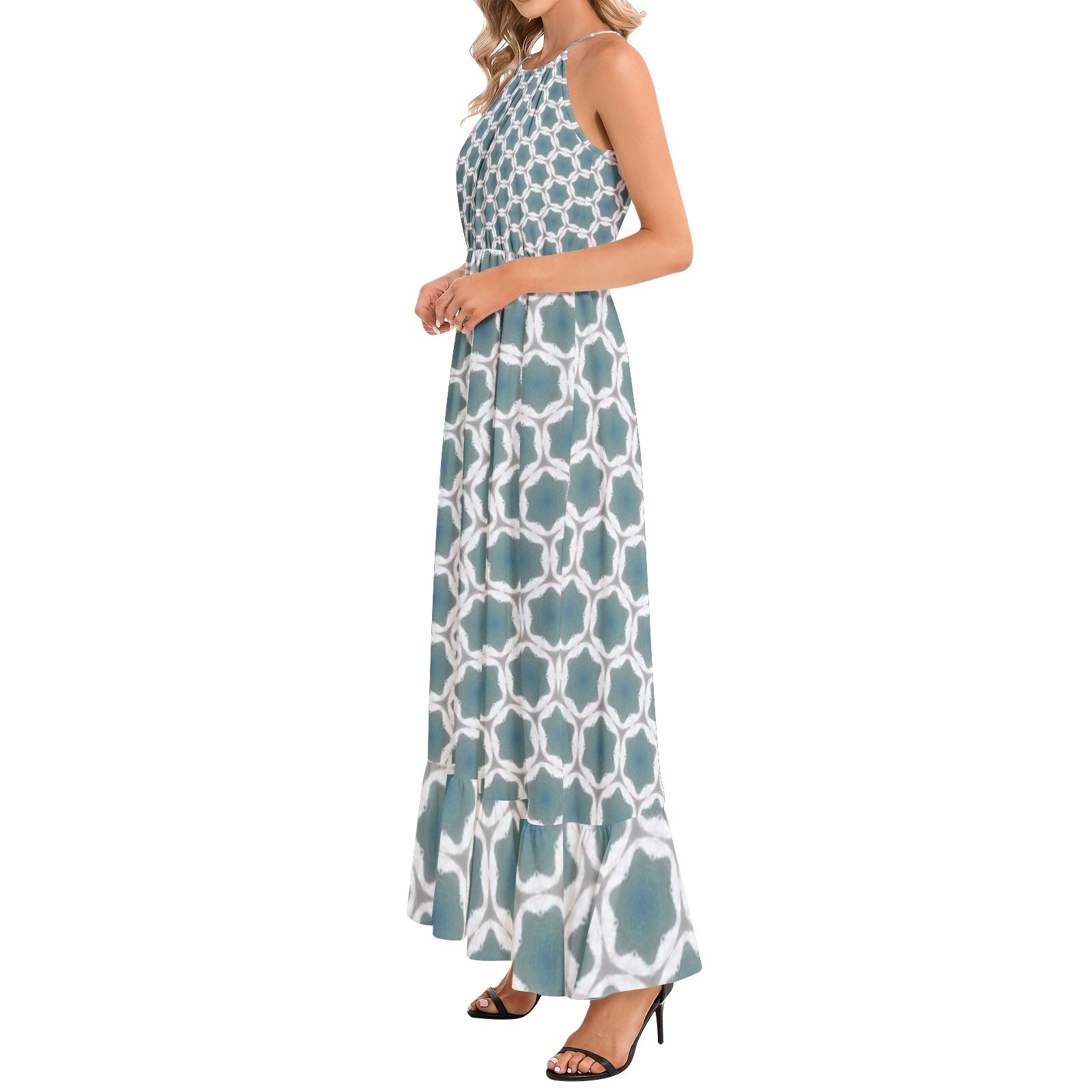 Pale Blue Geometric Pattern Ruffle Hem Halter Neck Maxi Dress - Image 4