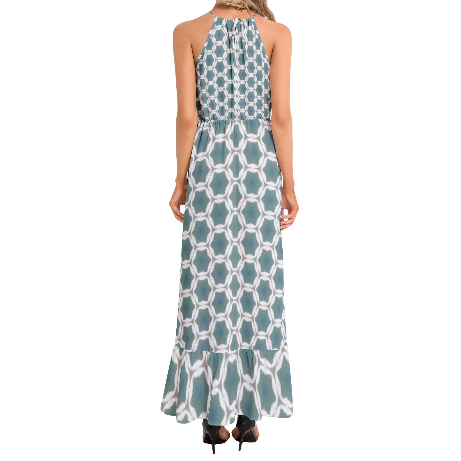 Pale Blue Geometric Pattern Ruffle Hem Halter Neck Maxi Dress - Image 5