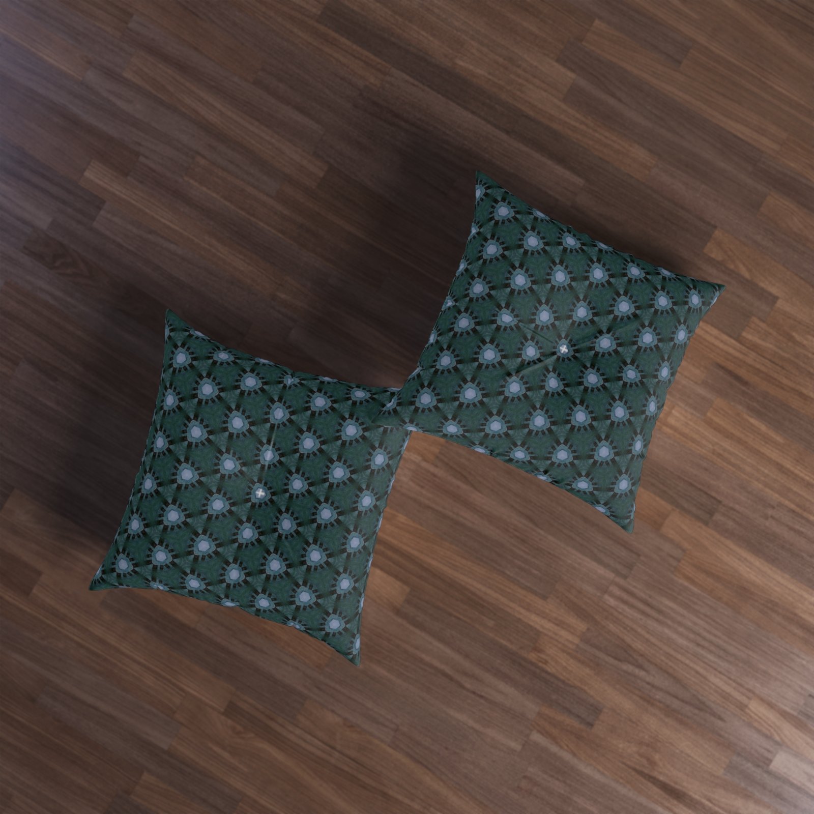 Dark Bluish Triangular Pattern, With Hint of Teal Tufted Floor Pillow — Modern Patterned Square Cushion - Image 3