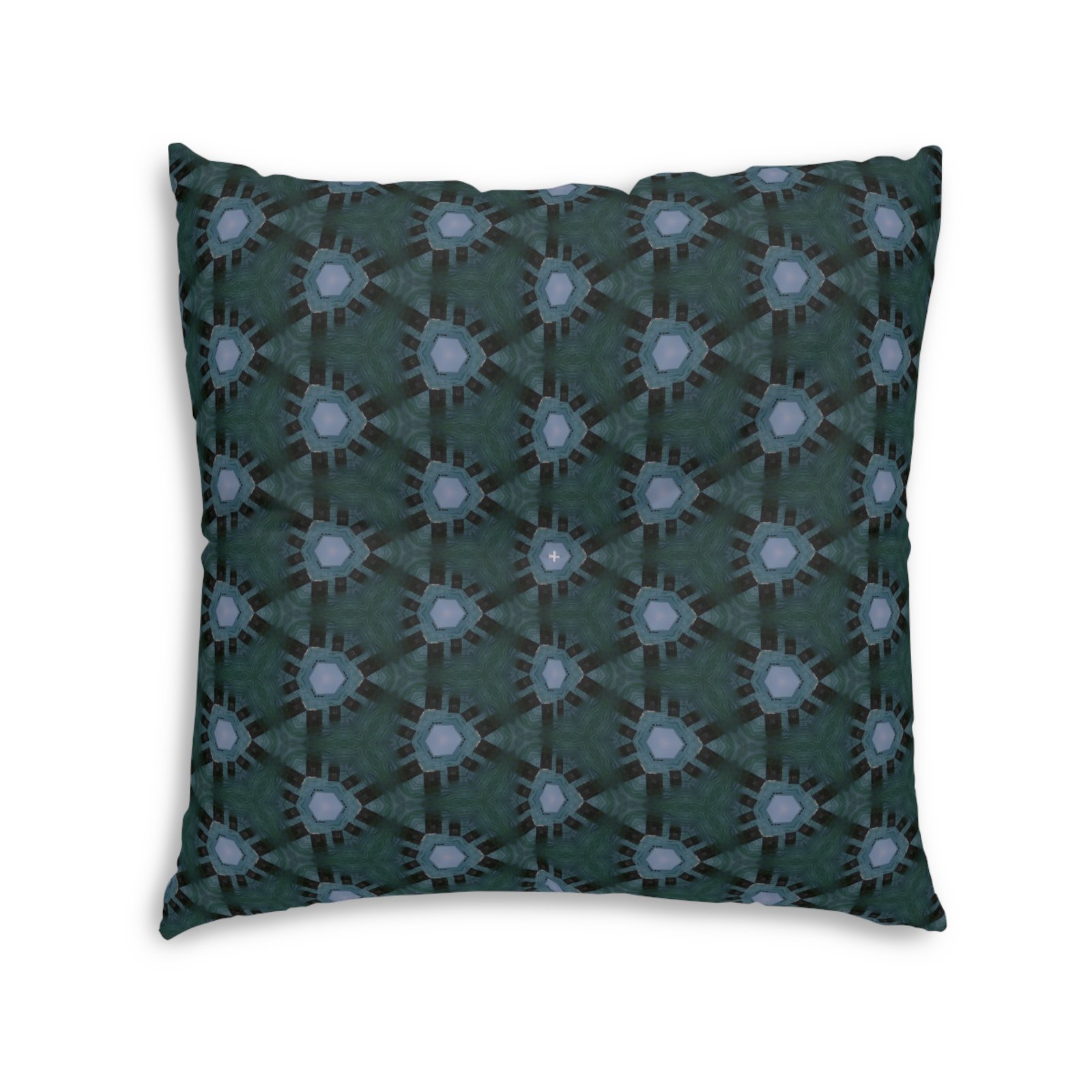 Dark Bluish Triangular Pattern, With Hint of Teal Tufted Floor Pillow — Modern Patterned Square Cushion - Image 7