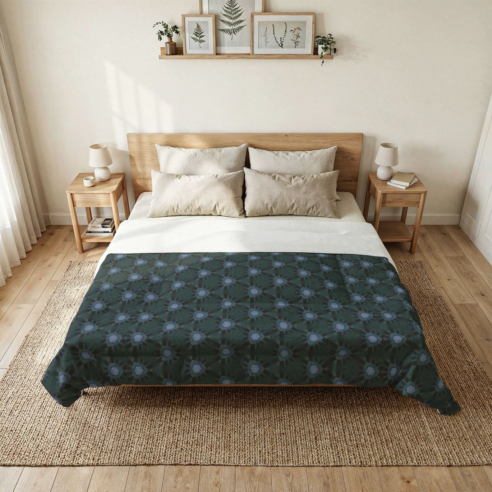 Dark Bluish Teal Triangular Pattern Cotton Comforter - Dark Blue Floral Pattern