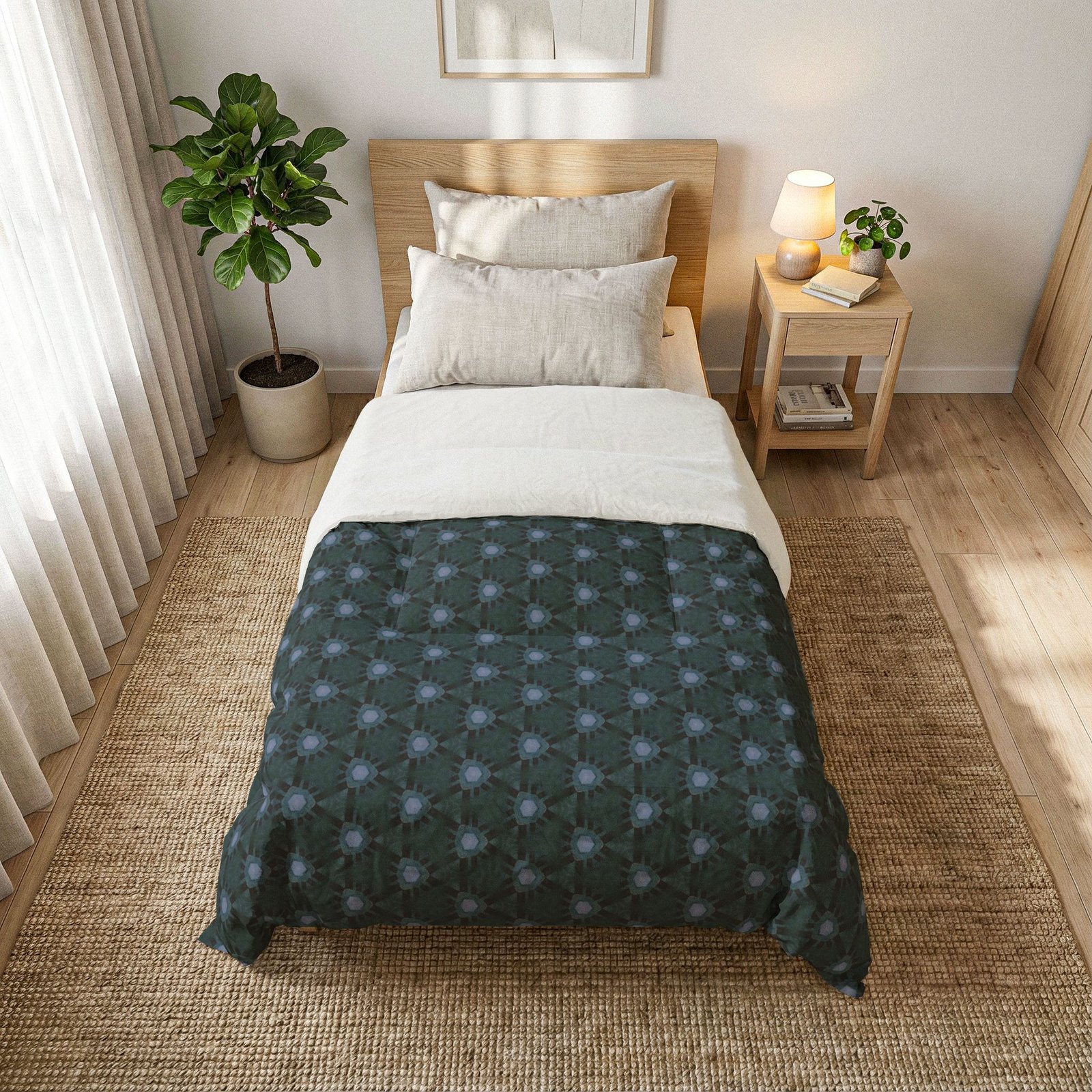 Dark Bluish Teal Triangular Pattern Cotton Comforter - Dark Blue Floral Pattern - Image 3