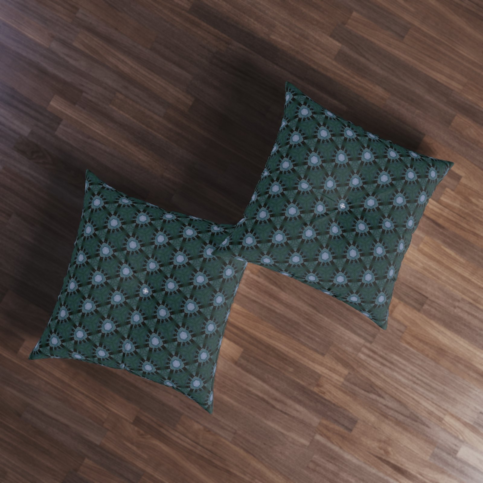 Dark Bluish Triangular Pattern, With Hint of Teal Tufted Floor Pillow — Modern Patterned Square Cushion - Image 5