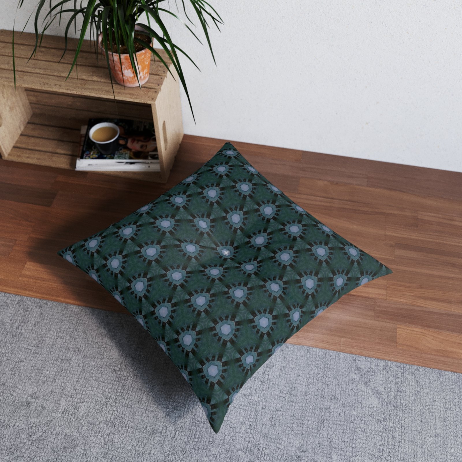 Dark Bluish Triangular Pattern, With Hint of Teal Tufted Floor Pillow — Modern Patterned Square Cushion - Image 4