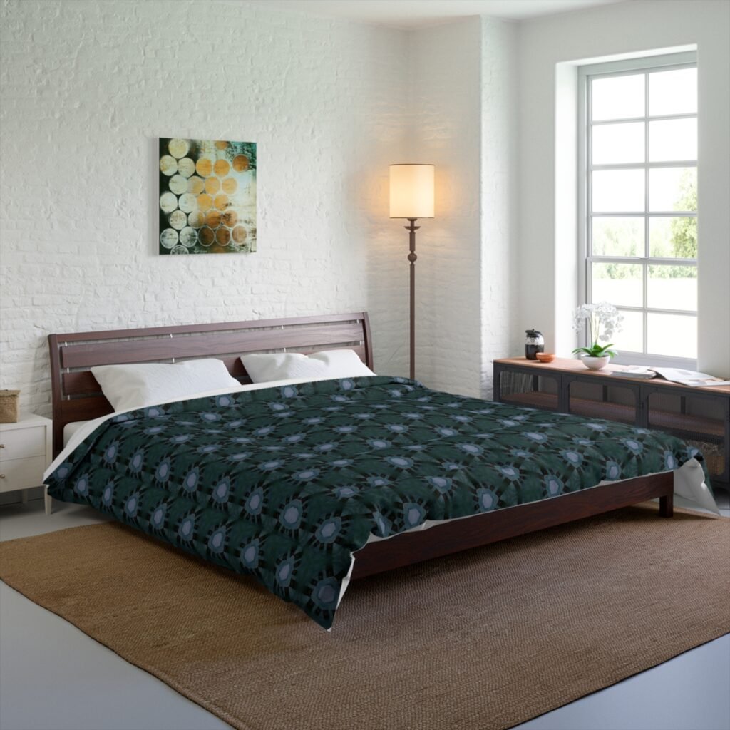 Dark Bluish, Teal Triangular Pattern Comforter — Dark Bluish Patterned Bedding