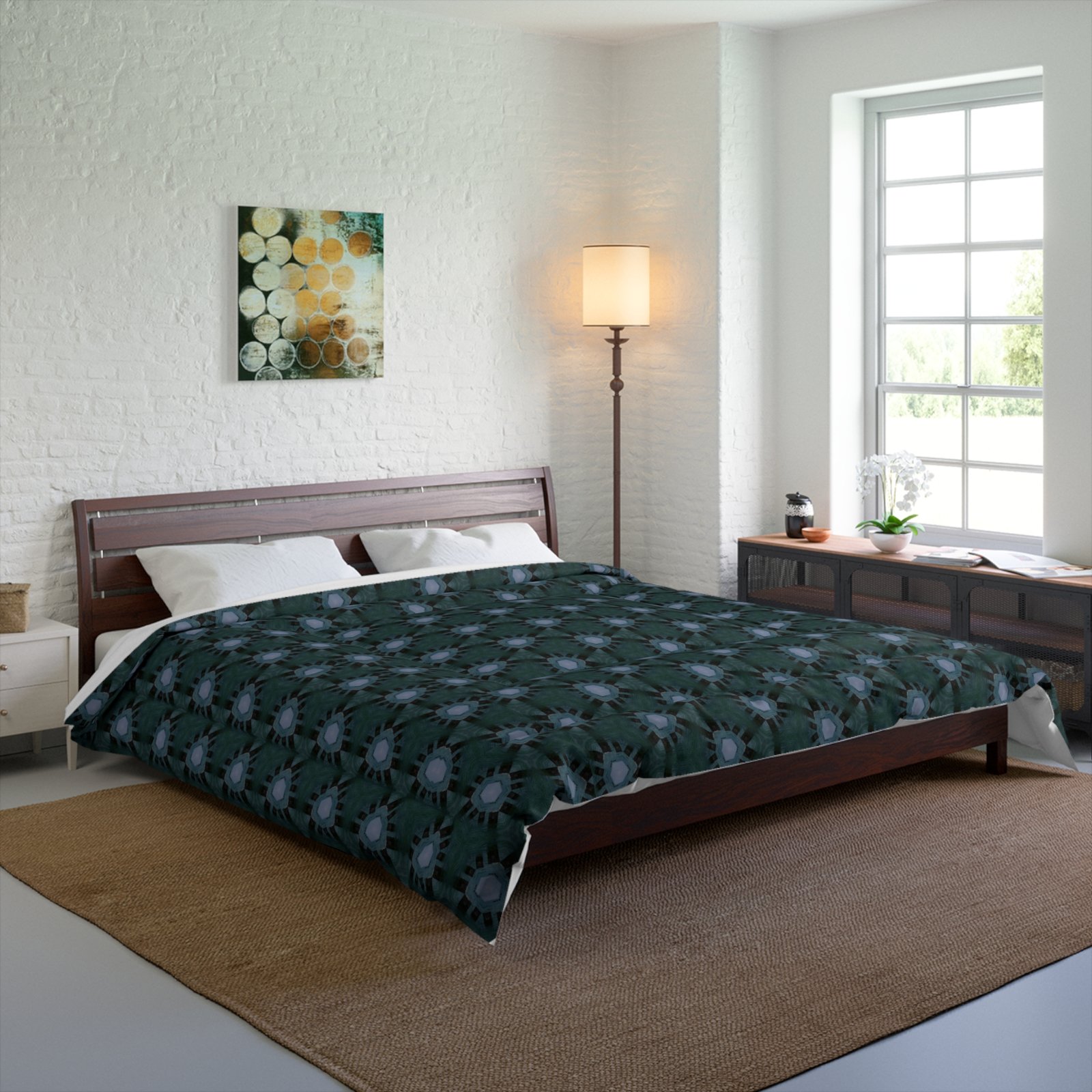 Dark Bluish, Teal Triangular Pattern Comforter — Dark Bluish Patterned Bedding