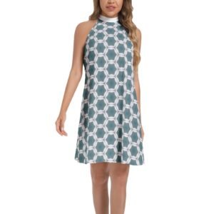 Pale Blue Geometric Pattern Tie Back Halter Neck Flared Dress