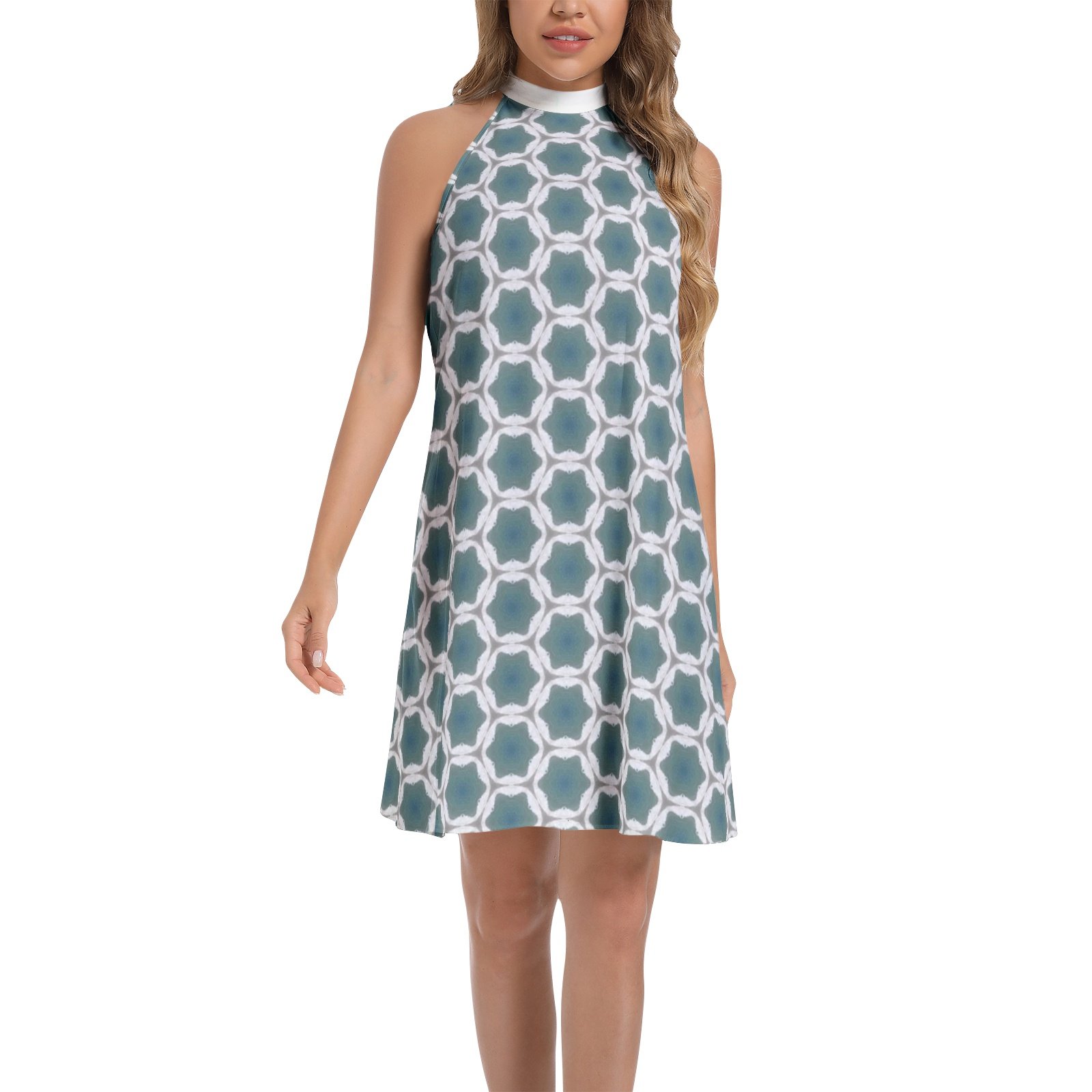 Pale Blue Geometric Pattern Tie Back Halter Neck Flared Dress