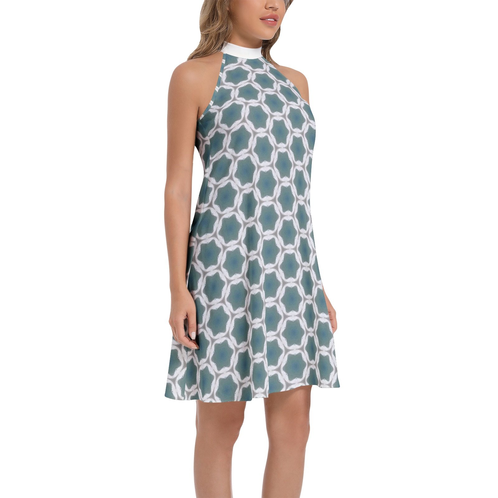 Pale Blue Geometric Pattern Tie Back Halter Neck Flared Dress - Image 2