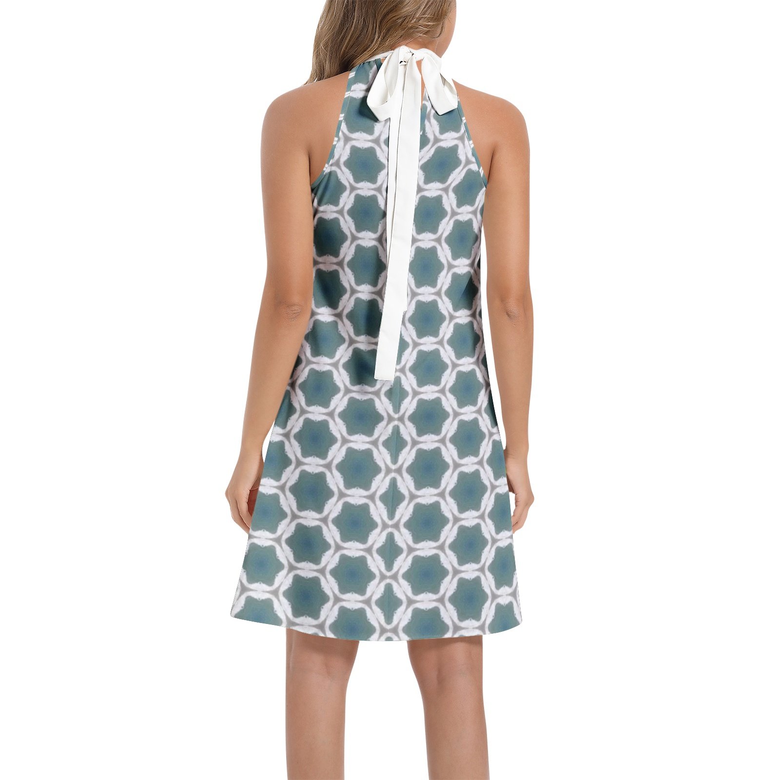 Pale Blue Geometric Pattern Tie Back Halter Neck Flared Dress - Image 4