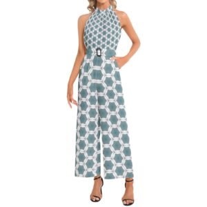 Pale Blue Geometric Halter Neck Buckle Belted Jumpsuit