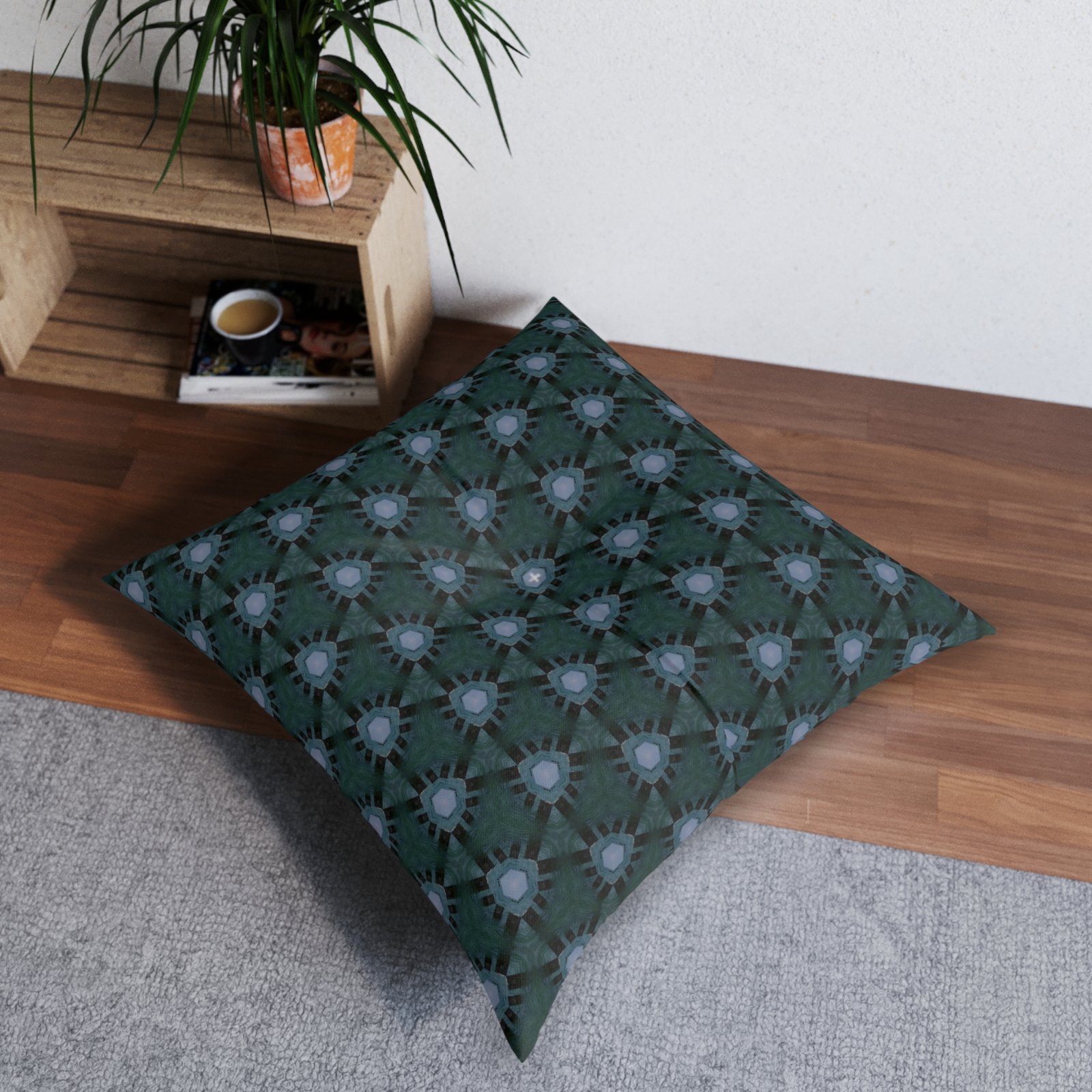 Dark Bluish Triangular Pattern, With Hint of Teal Tufted Floor Pillow — Modern Patterned Square Cushion - Image 2