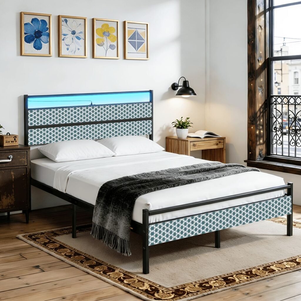 Pale Blue Geometric Bed Frame