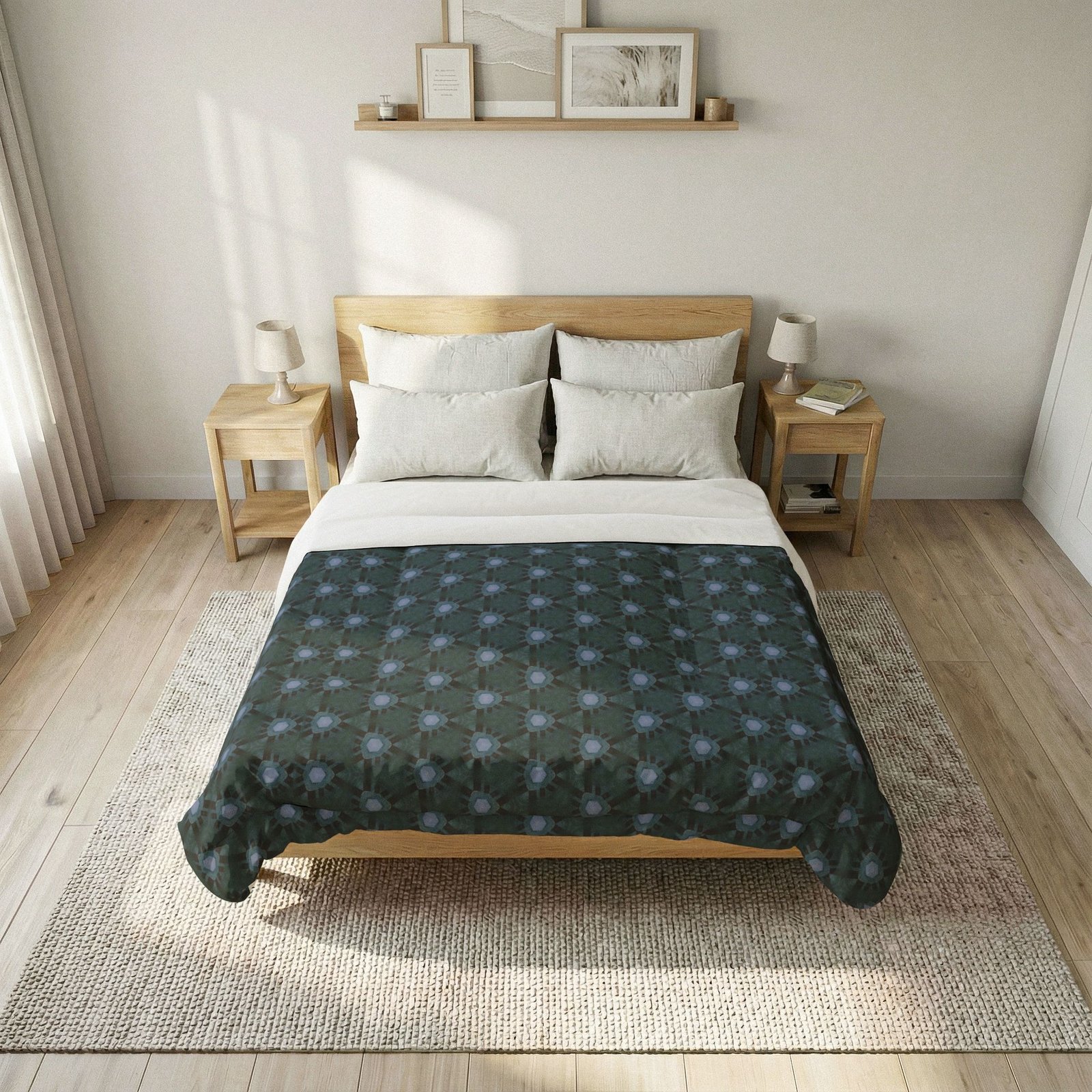 Dark Bluish Teal Triangular Pattern Cotton Comforter - Dark Blue Floral Pattern - Image 2