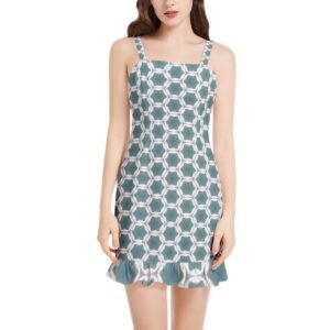 Pale Blue Geometric Pattern Sleeveless Square Neck Ruffle Hem Mini Dress