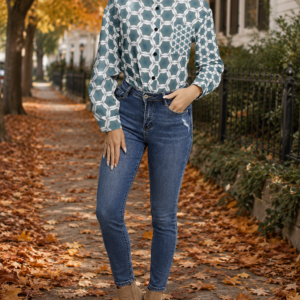 Pale Blue Geometric Long Sleeve Button Up Casual Shirt Top
