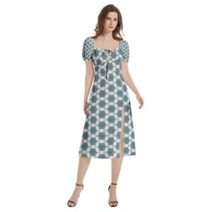Pale Blue Geometric Puff Sleeve Split Thigh Midi Dress