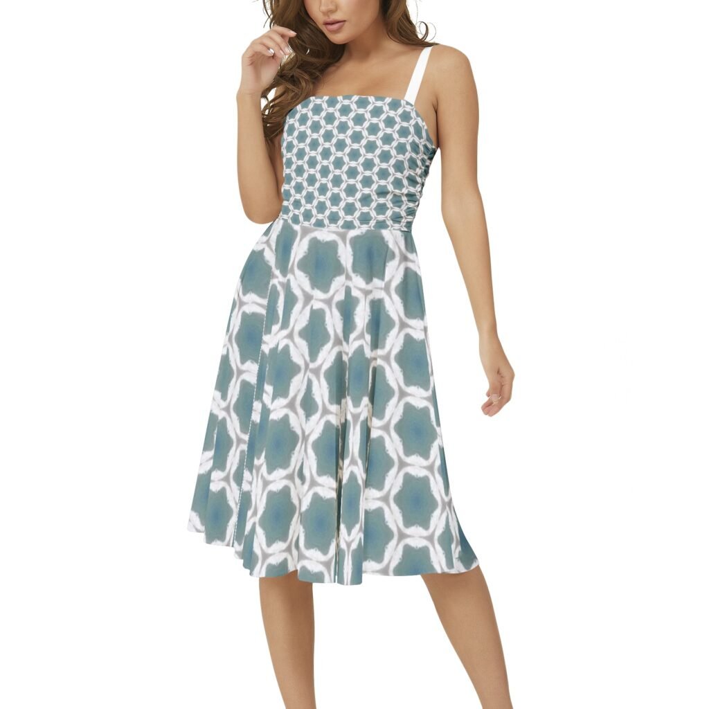 Pale Blue Geometric Pattern Sleeveless Square Neck Flare Hem Midi Dress