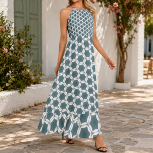 Pale Blue Geometric Pattern Ruffle Hem Halter Neck Maxi Dress