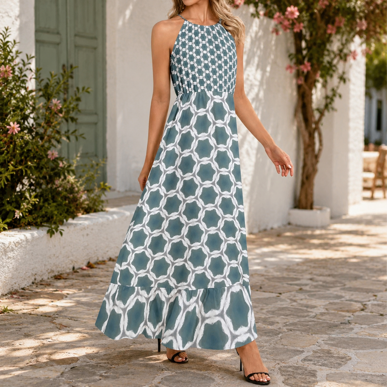 Pale Blue Geometric Pattern Ruffle Hem Halter Neck Maxi Dress