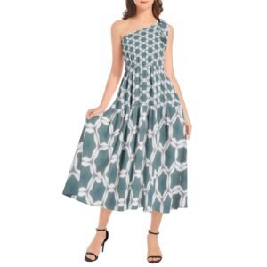 Pale Blue Geometric Patterned Ruffle Hem One Shoulder Midi Dress
