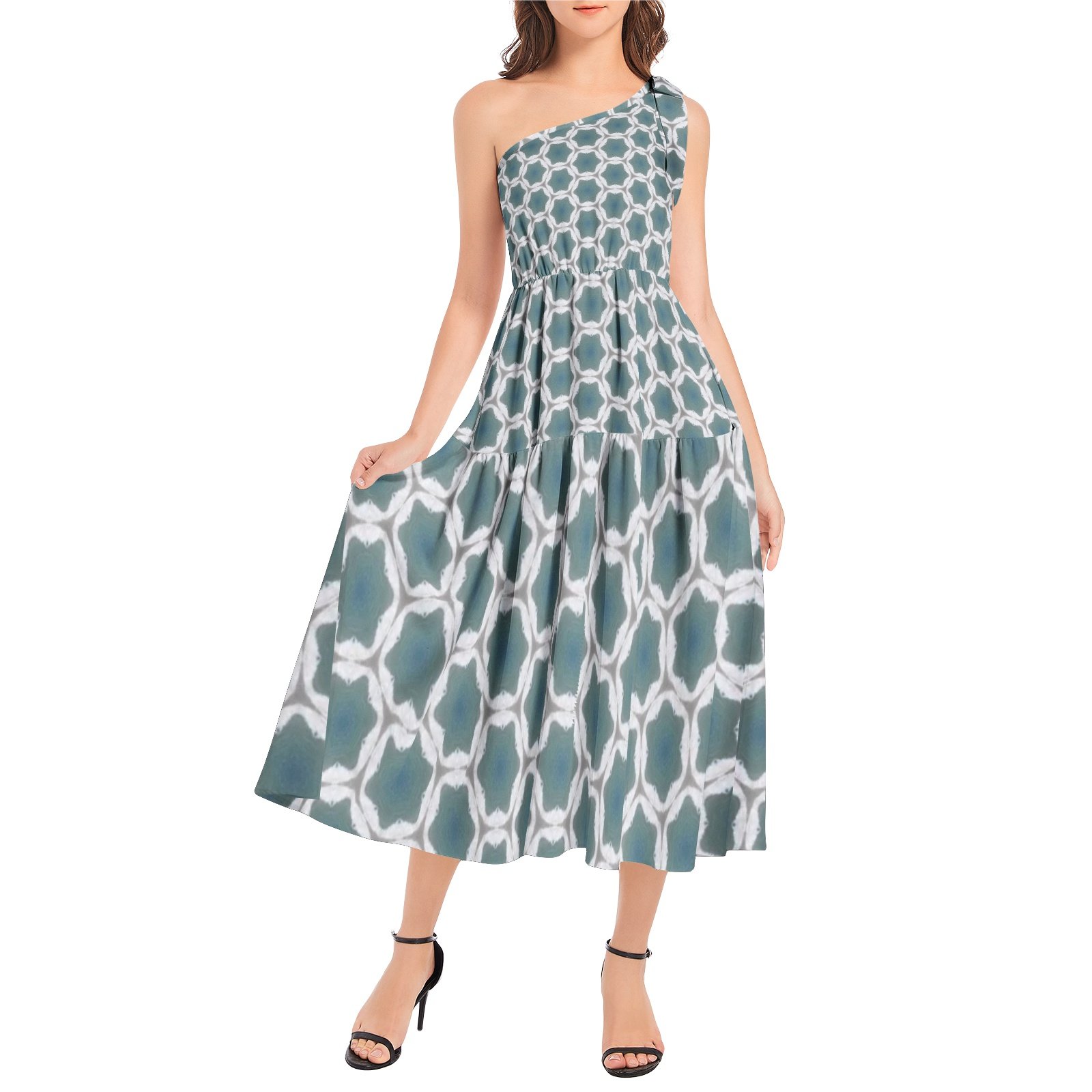 Pale Blue Geometric Patterned Ruffle Hem One Shoulder Midi Dress
