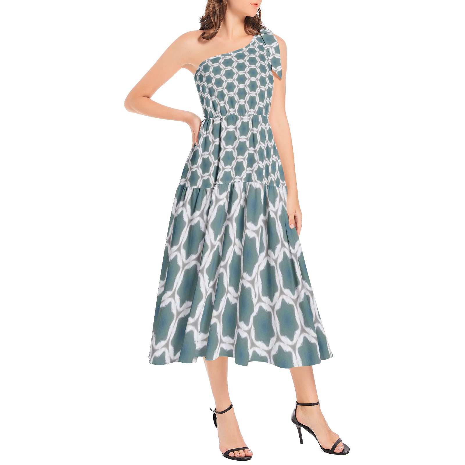 Pale Blue Geometric Patterned Ruffle Hem One Shoulder Midi Dress - Image 2