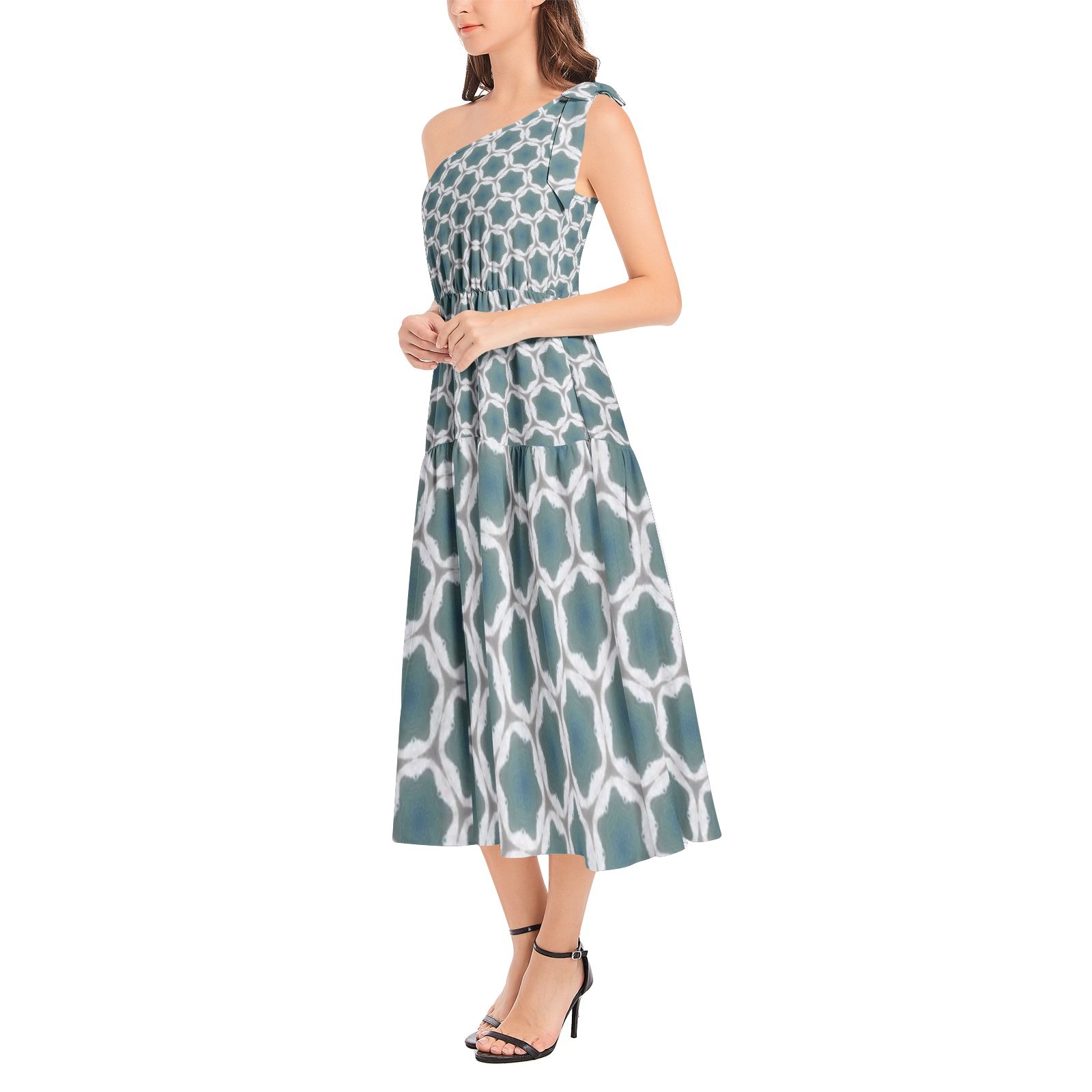 Pale Blue Geometric Patterned Ruffle Hem One Shoulder Midi Dress - Image 3