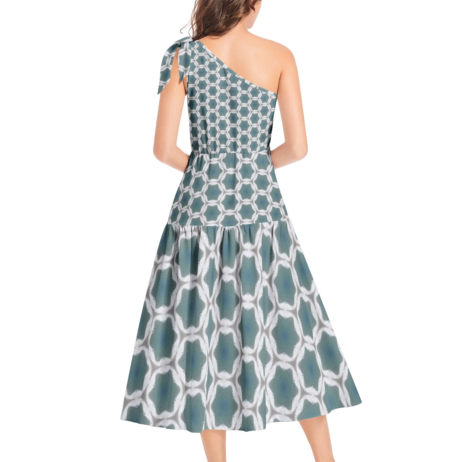 Pale Blue Geometric Patterned Ruffle Hem One Shoulder Midi Dress - Image 4