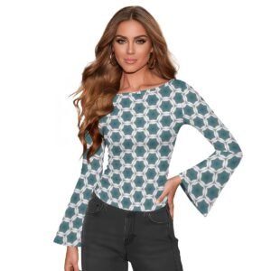 Pale Blue Geometric Designed Women's Boat Neck Flare Sleeve Top