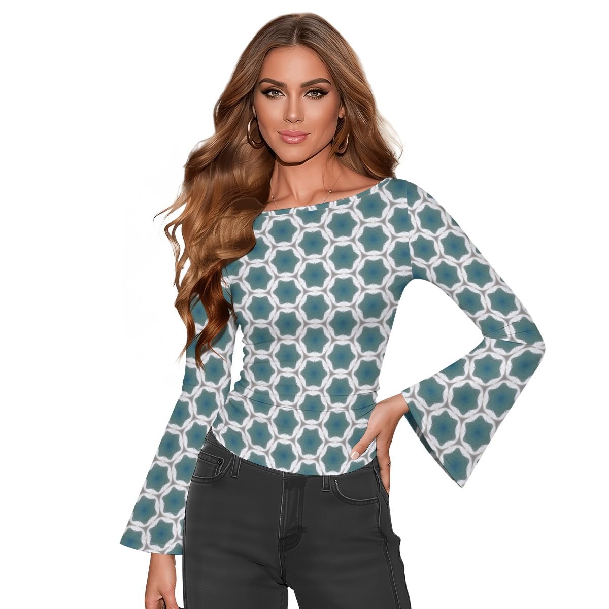 Pale Blue Geometric Designed Women's Boat Neck Flare Sleeve Top