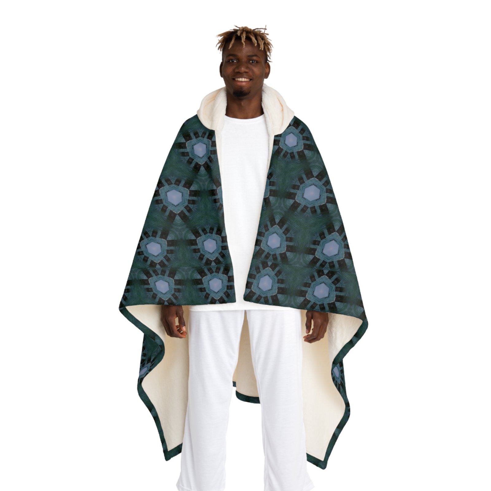 Bluish Triangular Pattern Hooded Sherpa Blanket – Cozy Throw - Image 3