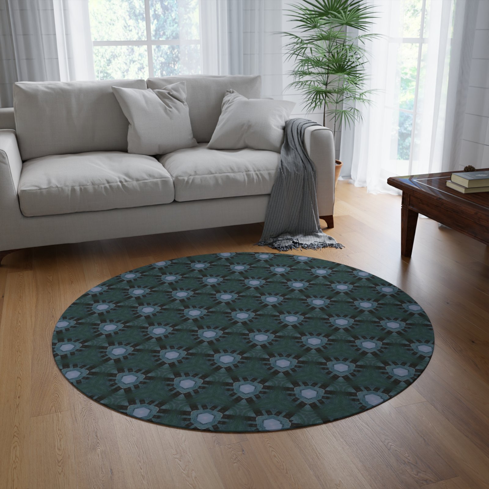 Bluish Triangular Pattern Round Rug