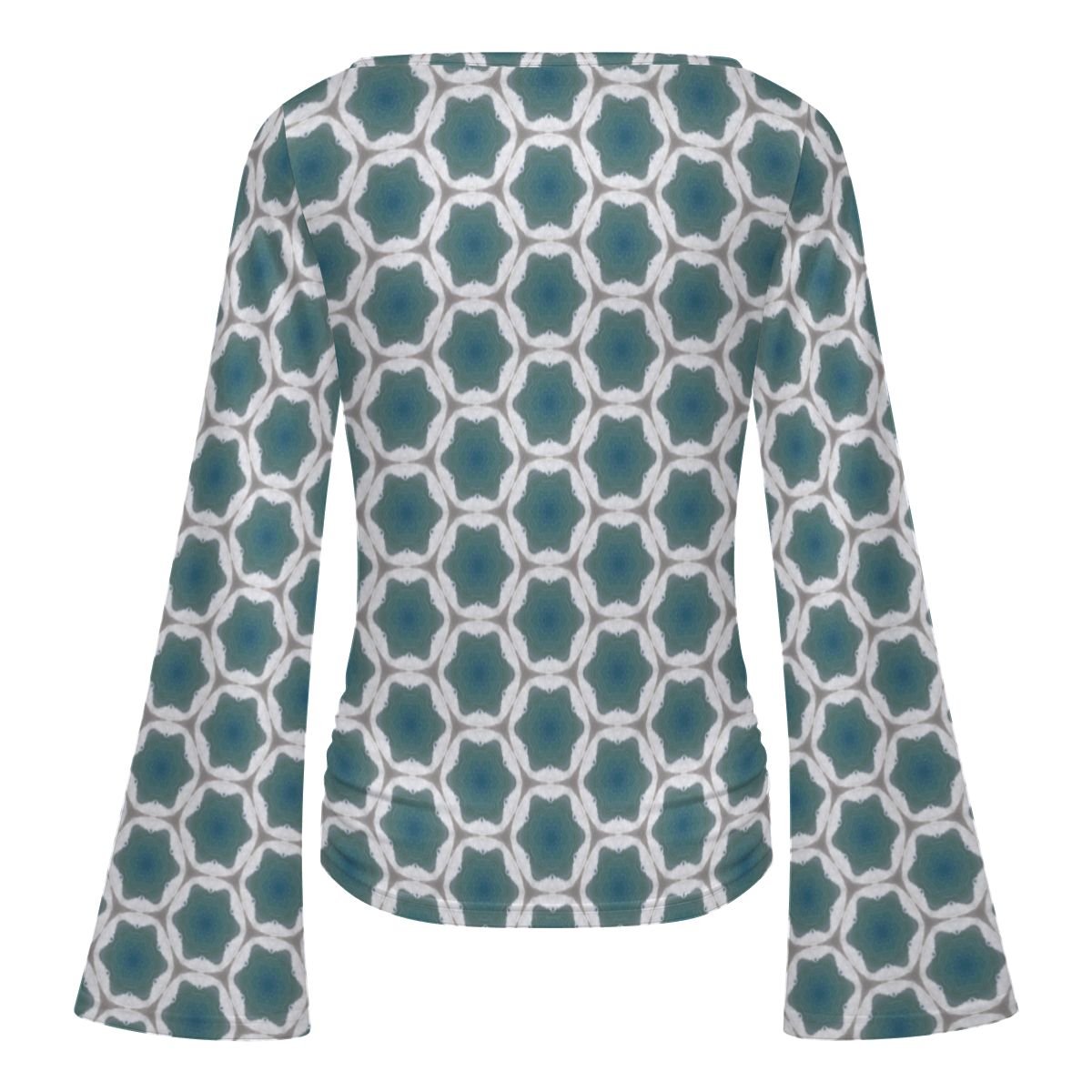 Pale Blue Geometric Designed Women's Boat Neck Flare Sleeve Top - Image 5