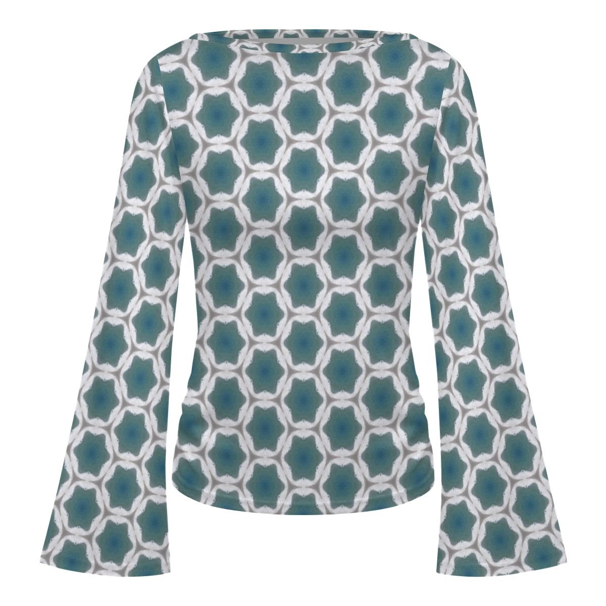 Pale Blue Geometric Designed Women's Boat Neck Flare Sleeve Top - Image 4