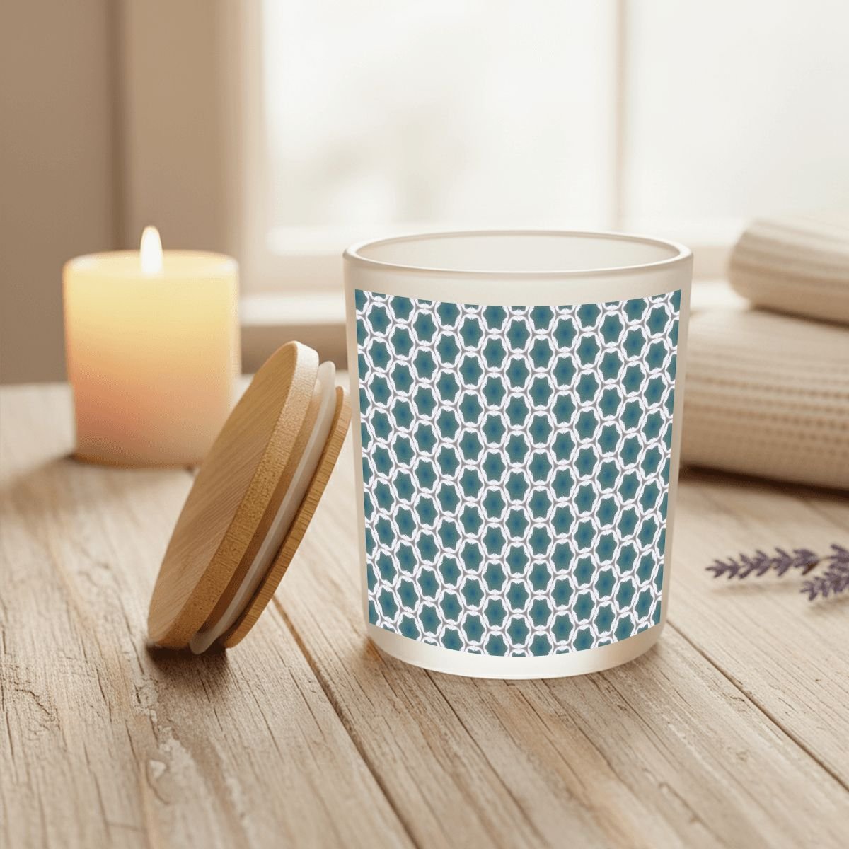 Pale Blue Geometric Designed Frosted Glass Jar with Lid - Image 4
