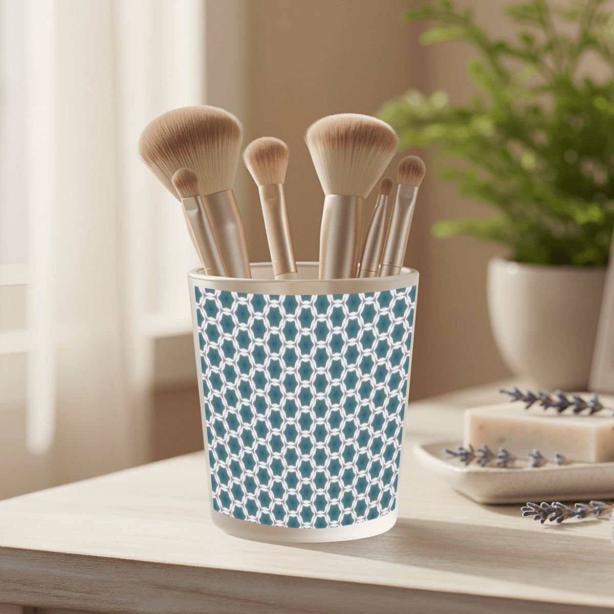 Pale Blue Geometric Designed Frosted Glass Jar with Lid - Image 5